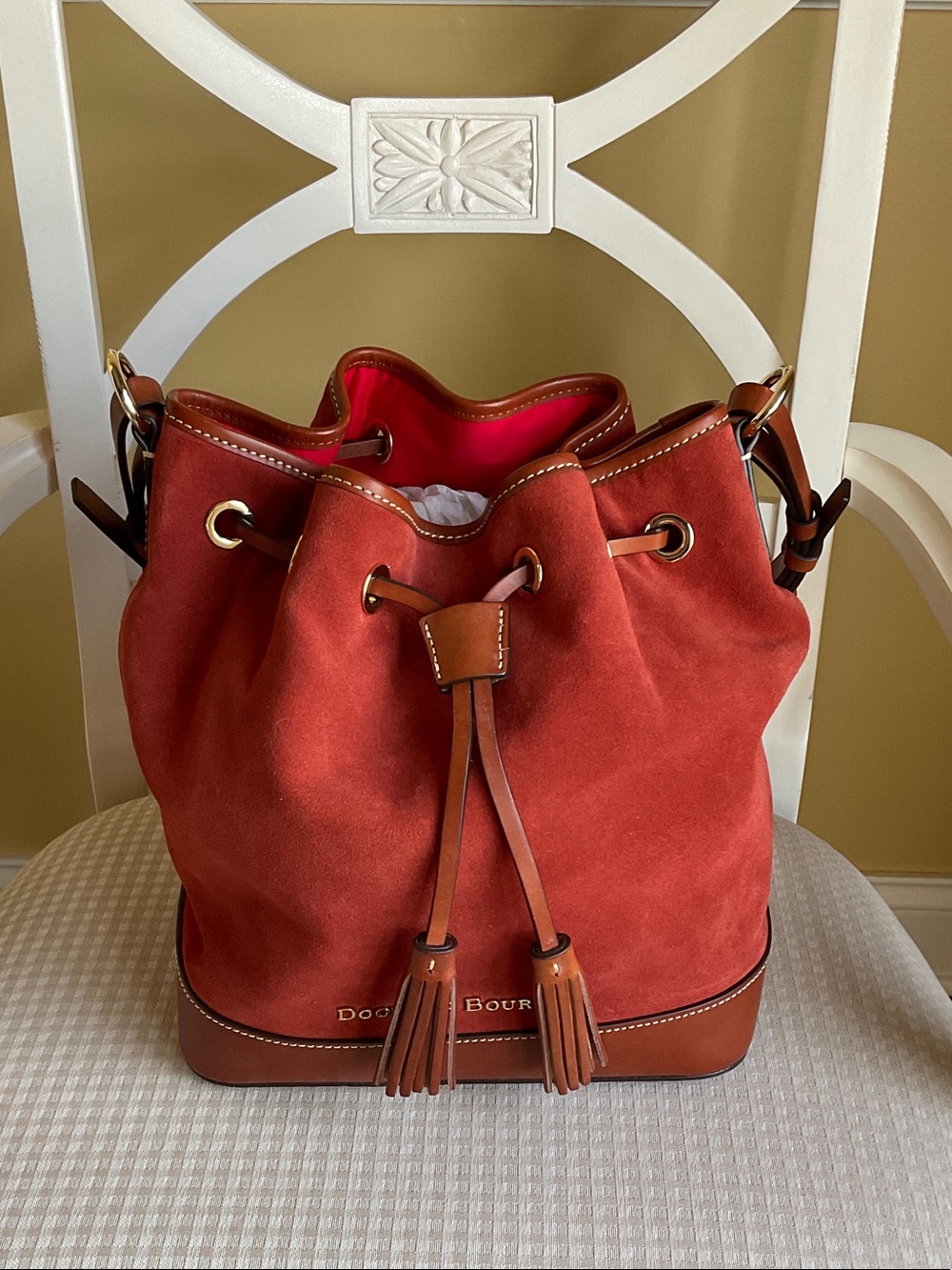 Dooney & Bourke Pumpkin Suede and Leather Drawstring Bucket Bag